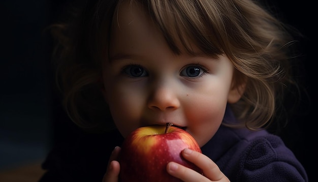 Jolie fille caucasienne souriante mangeant une pomme fraîche générée par l'IA