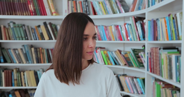 Jolie fille caucasienne en t-shirt blanc se promène le long des étagères avec des livres dans la bibliothèque Concept de bibliothèque universitaire