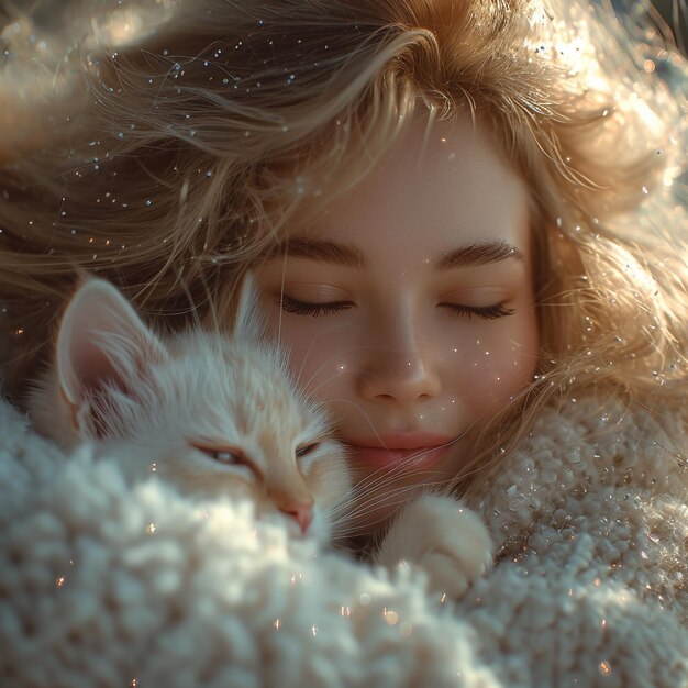 Jolie fille avec chat sur fond de bokeh doré