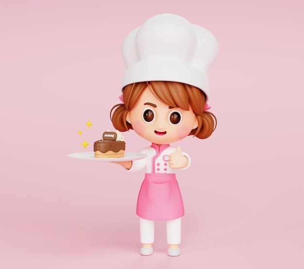 Jolie fille de chef en uniforme tenant le logo de personnage de mascotte de restaurant de boulangerie de gâteau au chocolat sur fond rose dessin animé d'illustration 3d