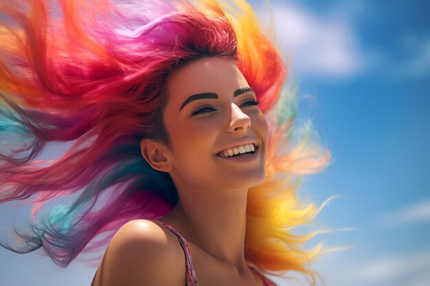 une jolie fille avec des cheveux de couleur arc-en-ciel flottant dans le vent portrait d'une jeune femme