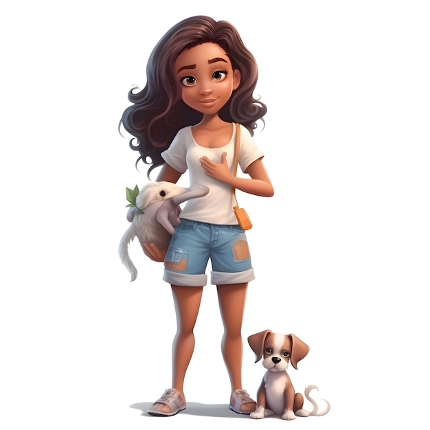 Photo jolie fille avec un chien sur fond blanc rendu 3d