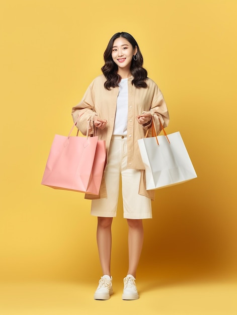 jolie fille coréenne tenant beaucoup de sacs à provisions à deux mains