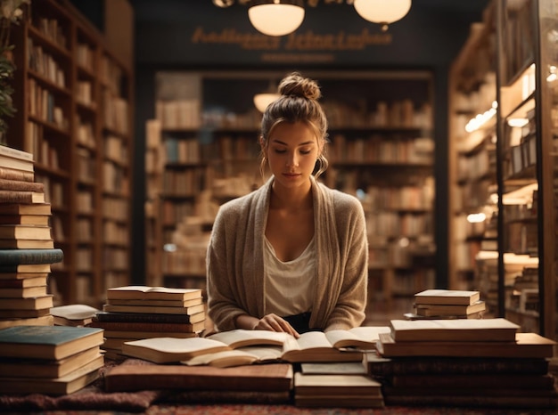 Une jolie fille dans une bibliothèque légère avec des livres