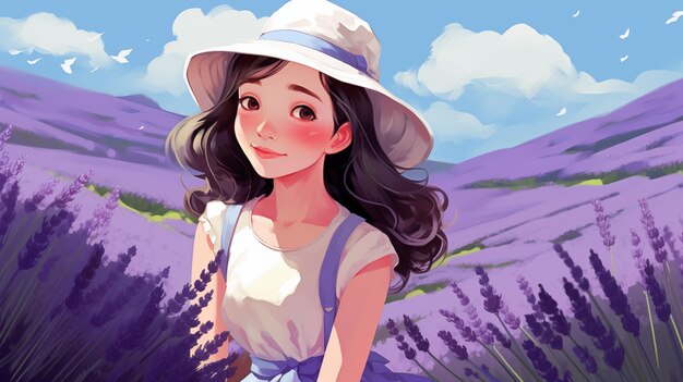 Une jolie fille dans un champ de lavande Illustration pour enfants