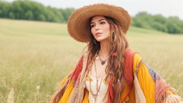 Jolie fille dans un chapeau de campagne sur le fond d'un champ