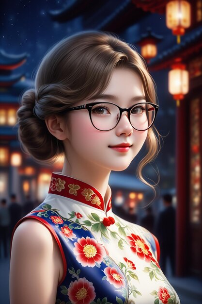 Une jolie fille dans un cheongsam et des lunettes la nuit dans un dessin animé