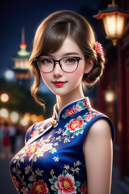 Une jolie fille dans un cheongsam et des lunettes la nuit dans un dessin animé