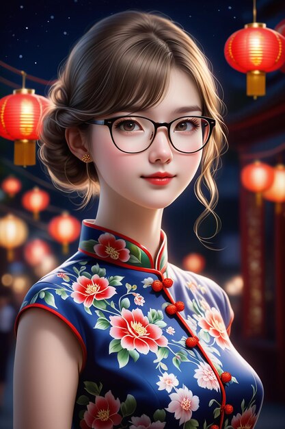 Une jolie fille dans un cheongsam et des lunettes la nuit dans un dessin animé