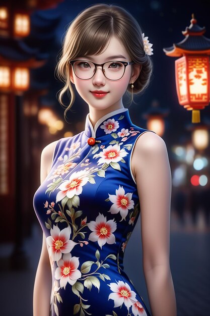 Une jolie fille dans un cheongsam et des lunettes la nuit dans un dessin animé