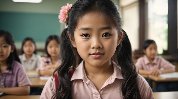 Une jolie fille dans une salle de classe avec ses amis à l'école