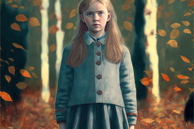 Jolie fille debout dans la forêt magique seule Jeune fille debout dans la forêt d'automne art numérique style illustration peinture