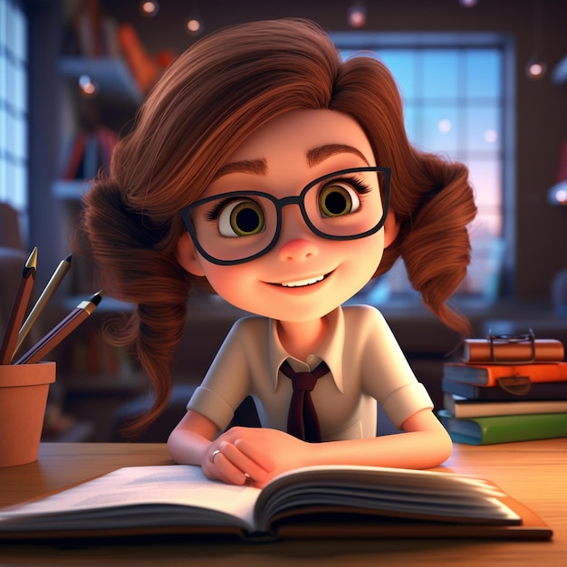 Une jolie fille de dessin animé en 3D qui étudie l'illustration de l'éducation