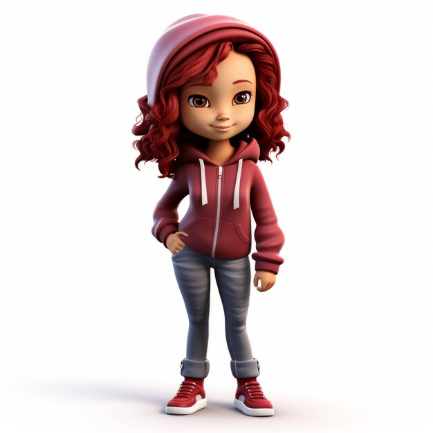 Une jolie fille de dessin animé en capuche et en jean 3D