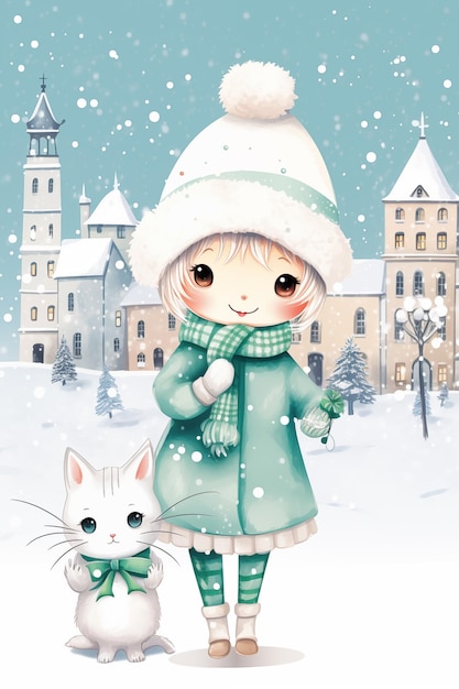 Une jolie fille de dessin animé et un chat dans la ville d'hiver