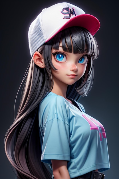 Photo jolie fille de dessin animé avec de grands yeux bleus portant un chapeau et un t-shirt à manches courtes personnage d'anime cool