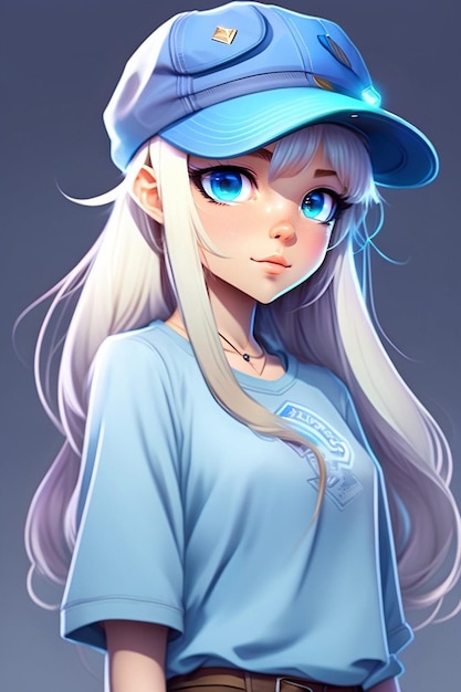 Jolie fille de dessin animé avec de grands yeux bleus portant un chapeau et un t-shirt à manches courtes personnage d'anime coolSchoolgirl Cartoon