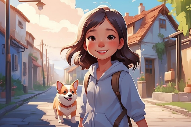 Une jolie fille de dessin animé qui marche avec son chien