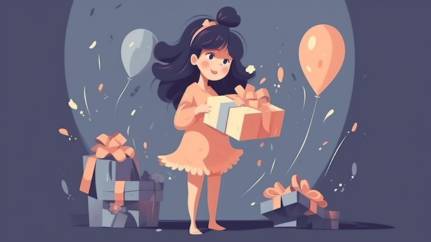 Une jolie fille de dessin animé tenant un cadeau avec un nœud