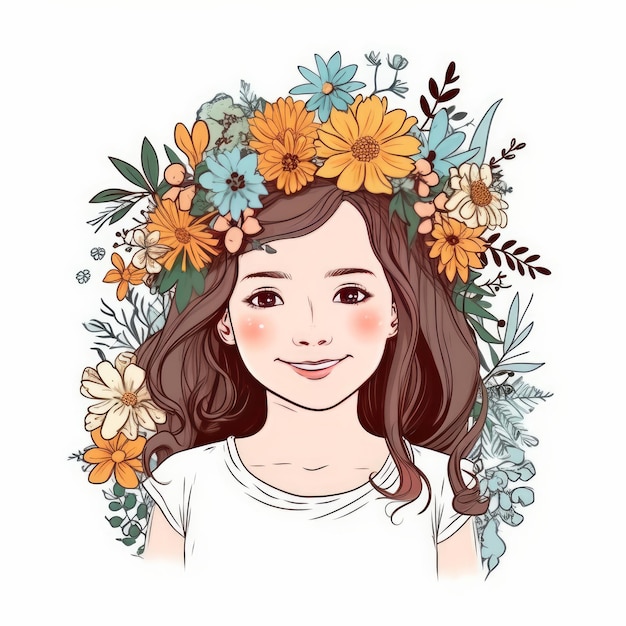 Jolie fille avec des fleurs Illustration AI Générative