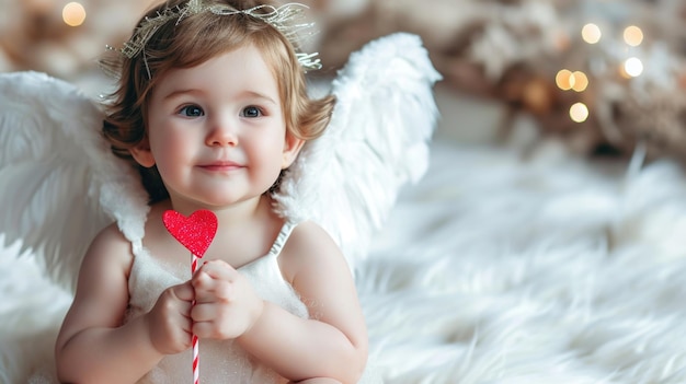 Une jolie fille habillée en Cupid présente un cœur dans une photo réconfortante