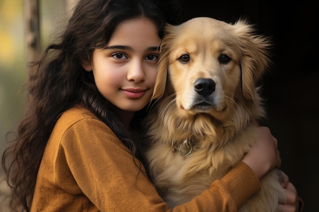 Jolie fille indienne passant du temps ou jouant avec un chien de compagnie