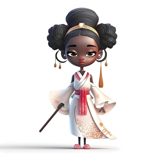 Une jolie fille japonaise de dessin animé avec un kimono et une canne