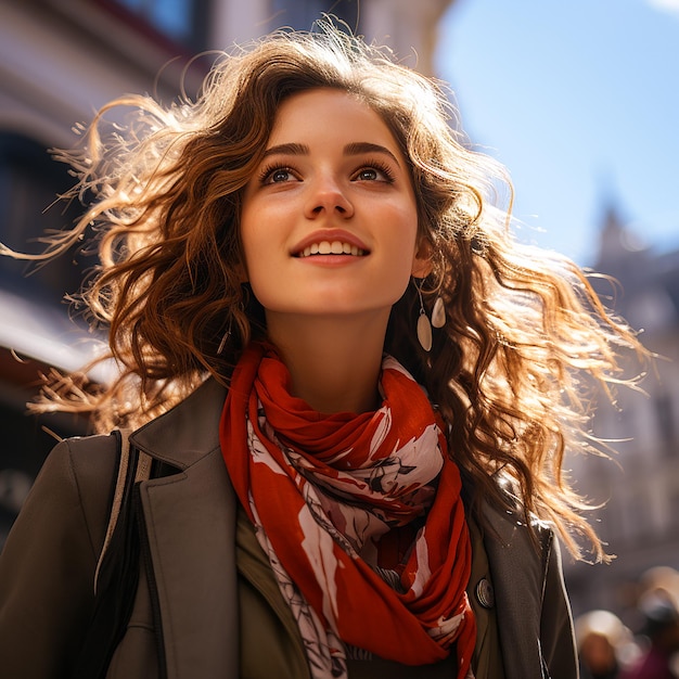 Photo une jolie fille joyeuse regardant le ciel en marchant dans la rue du centre-ville pendant une journée ensoleillée