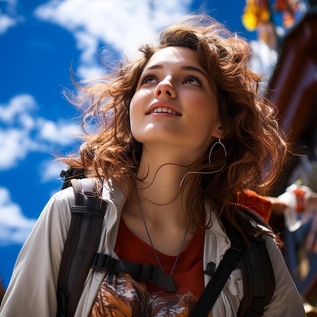 Photo une jolie fille joyeuse regardant le ciel en marchant dans la rue du centre-ville pendant une journée ensoleillée