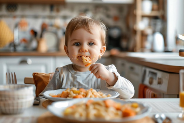 Une jolie fille mangeant dans la cuisine moderne.