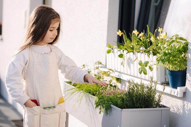 Jolie fille plante des verts devant la fenêtre récolte mûre sur le balcon