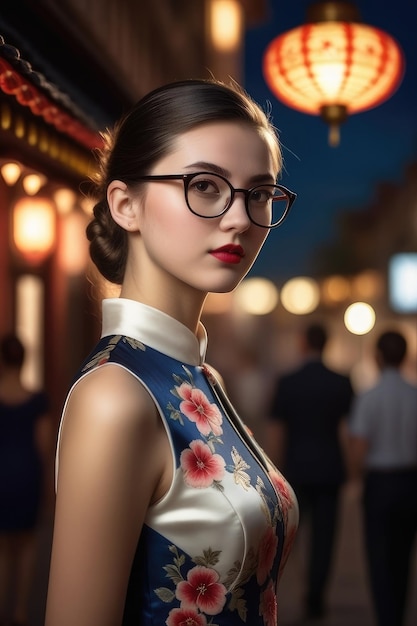 Une jolie fille porte un Cheongsam sur le fond de la ville de minuit.