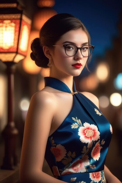 Une jolie fille porte un Cheongsam sur le fond de la ville de minuit.