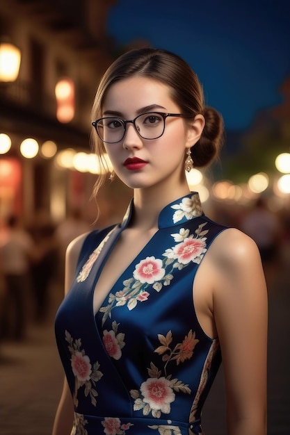 Une jolie fille porte un Cheongsam sur le fond de la ville de minuit.