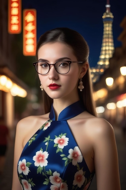 Une jolie fille porte un Cheongsam sur le fond de la ville de minuit.