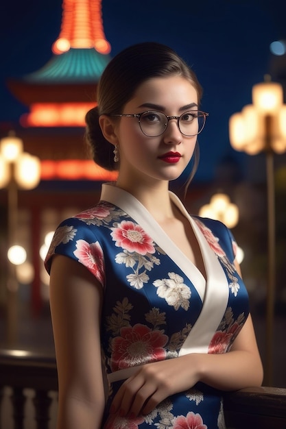 Une jolie fille porte un Cheongsam sur le fond de la ville de minuit.