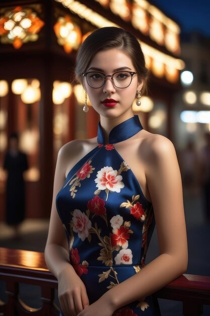 Une jolie fille porte un Cheongsam sur le fond de la ville de minuit.