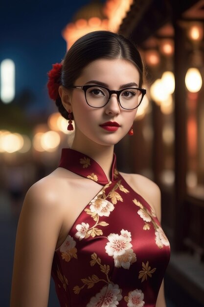 Une jolie fille porte un Cheongsam sur le fond de la ville de minuit.