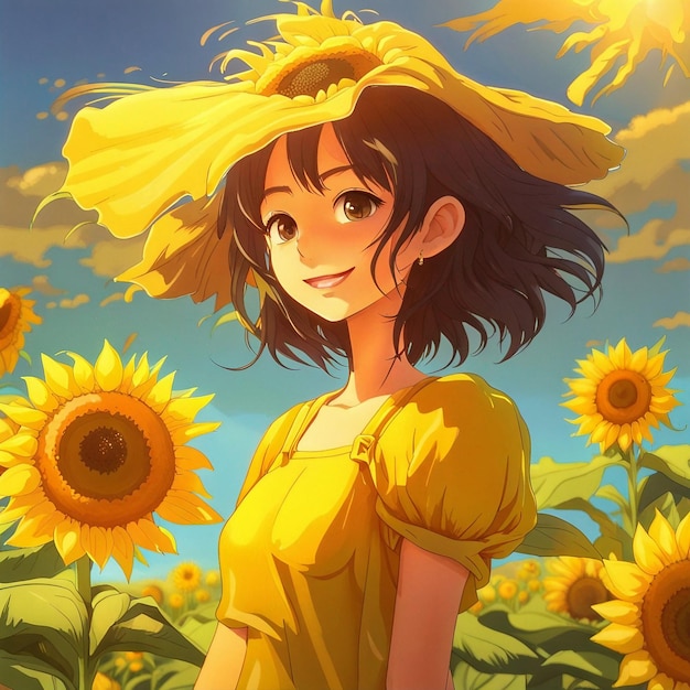 Une jolie fille porte une robe jaune et se tient dans un jardin de tournesols jaunes.