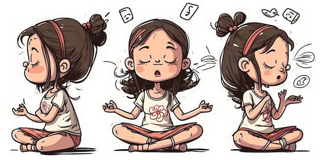 Jolie fille en pose de lotus pratiquant le style de dessin animé de pose côté yoga