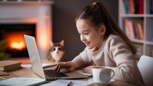 Une jolie fille qui étudie à l'ordinateur à la maison.