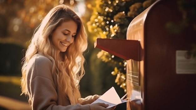 Photo une jolie fille qui lit le courrier à côté d'une boîte aux lettres traditionnelle