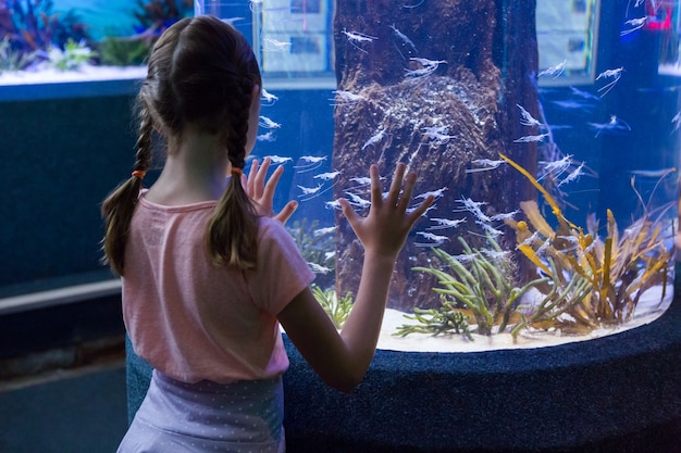 Jolie fille en regardant un aquarium