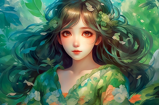 Jolie fille avec une robe blanche et de la dentelle dans la forêt Thème floral Anime Style Manga cover Ai Generated