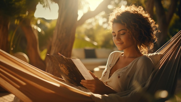 Une jolie fille se détendant dans un hamac et lisant un livre
