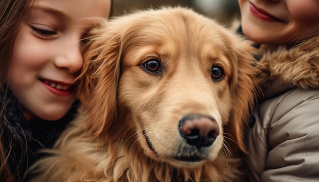 Photo jolie fille se liant avec un chiot espiègle à l'extérieur généré par l'ia