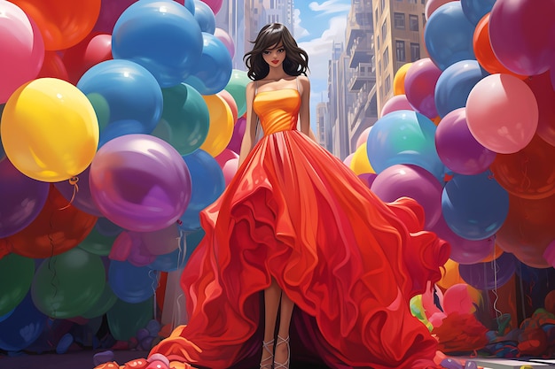 Une jolie fille se promenant dans la ville entourée de ballons colorés