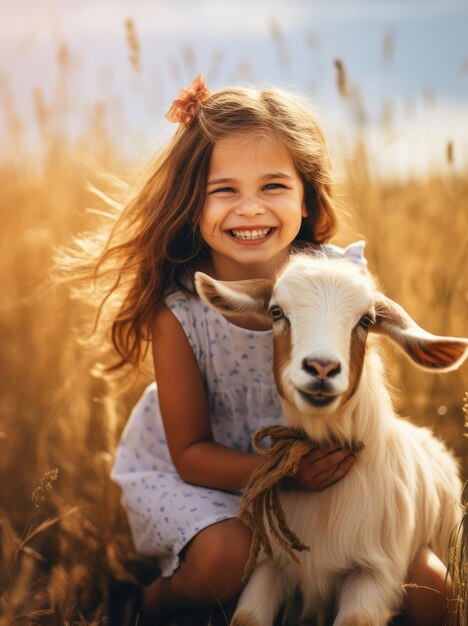 Une jolie fille souriante avec une chèvre un jour d'été.