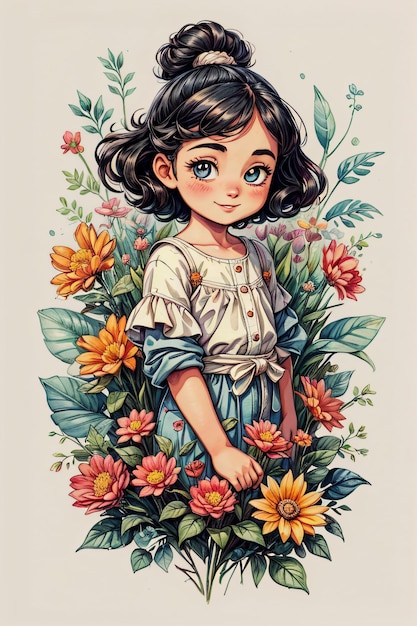 Une jolie fille souriante avec des fleurs étalées Illustration