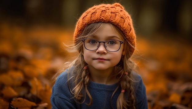 Une jolie fille souriante jouant dans la forêt d'automne générée par l'intelligence artificielle